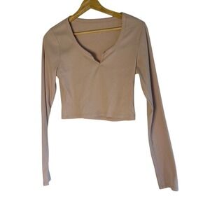Aero The OG Tee Collection Shrunken Ribbed Long Sleeve V-Neck Cropped Top L Pink